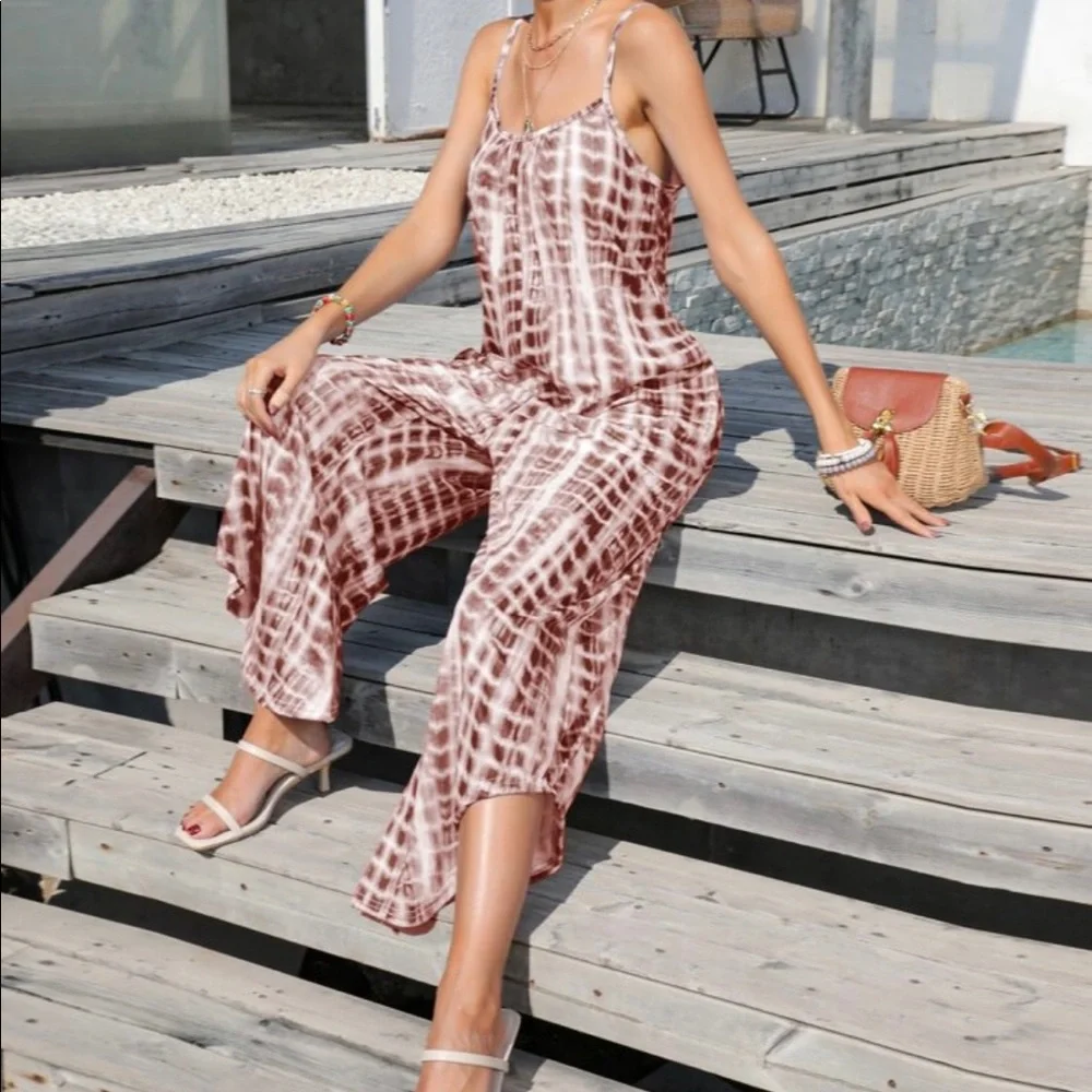 Boho Tie Dye Wide Leg Pants Pocket Jumpsuit - Picture 4 of 11